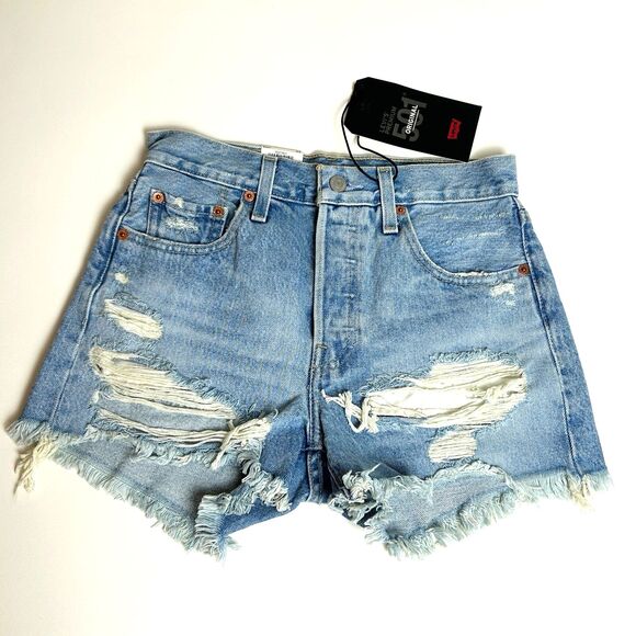 NWT Levi’s 501 Original High Rise Cotton Blue Denim Distressed Jean Shorts 25 - Picture 3 of 15